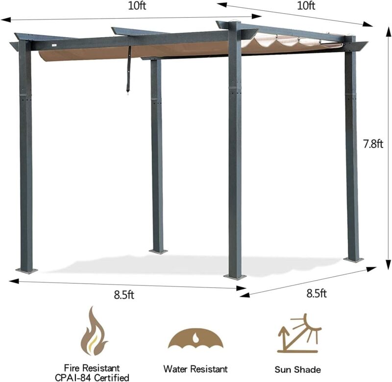 Pergola Estensibile da Esterno 10' x 10' con Telo Impermeabile in Alluminio