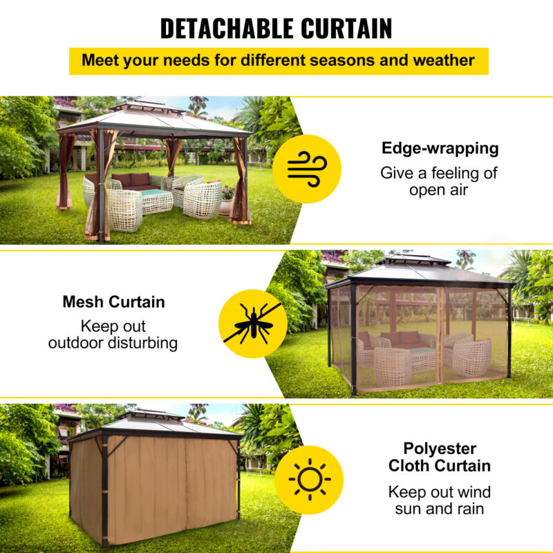 Gazebo 10x10' con Tetto Rigido in Alluminio, Struttura Resistente con Rete e Tenda