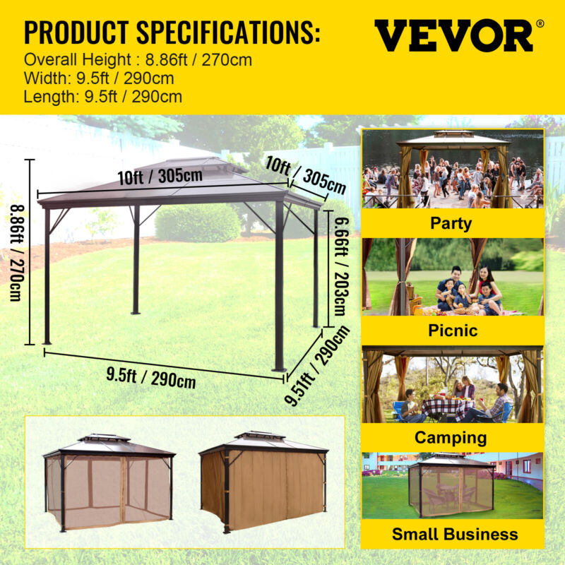 Gazebo 10x10' con Tetto Rigido in Alluminio, Struttura Resistente con Rete e Tenda