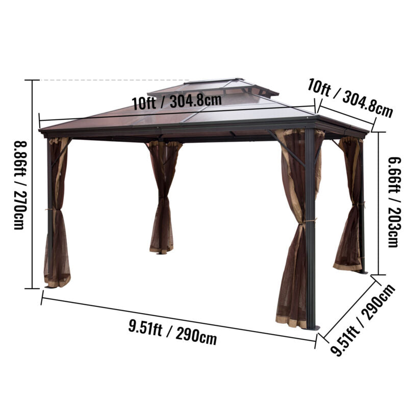 Gazebo 10x10' con Tetto Rigido in Alluminio, Struttura Resistente con Rete e Tenda