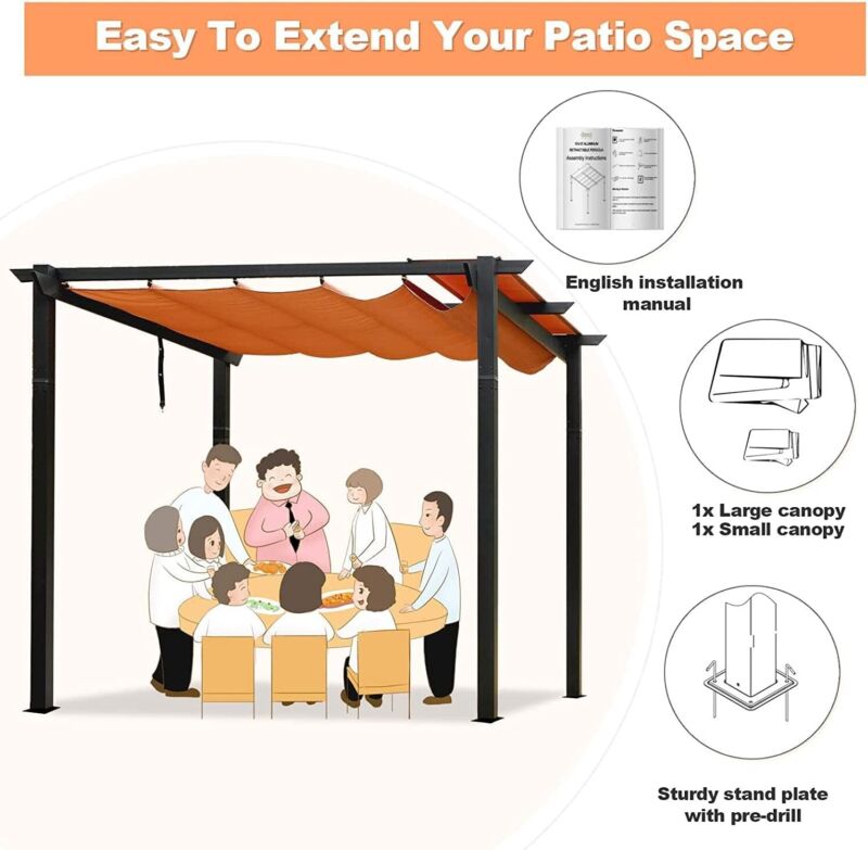 Pergola Estensibile da Esterno 10' x 10' con Telo Impermeabile in Alluminio