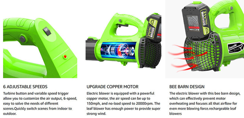 Blower Elettrico Portatile Senza Fili 21V per Foglie, Polvere e Neve - Velocità Fino a 150 MPH, Alimentato a Batteria