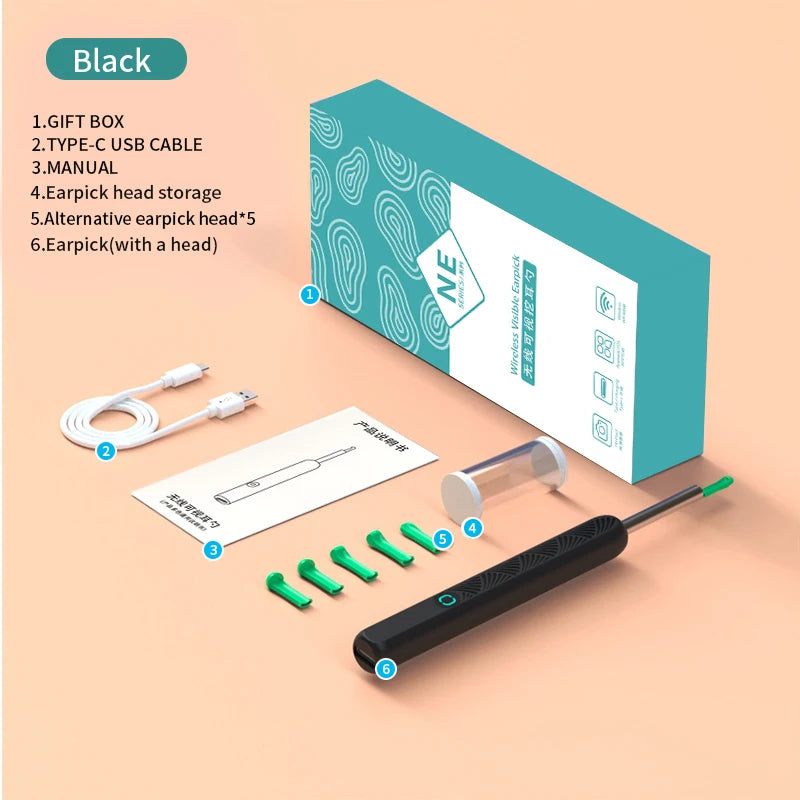 Pulitore Auricolare Wireless con Fotocamera 1296P, Ricarica USB-C e WiFi