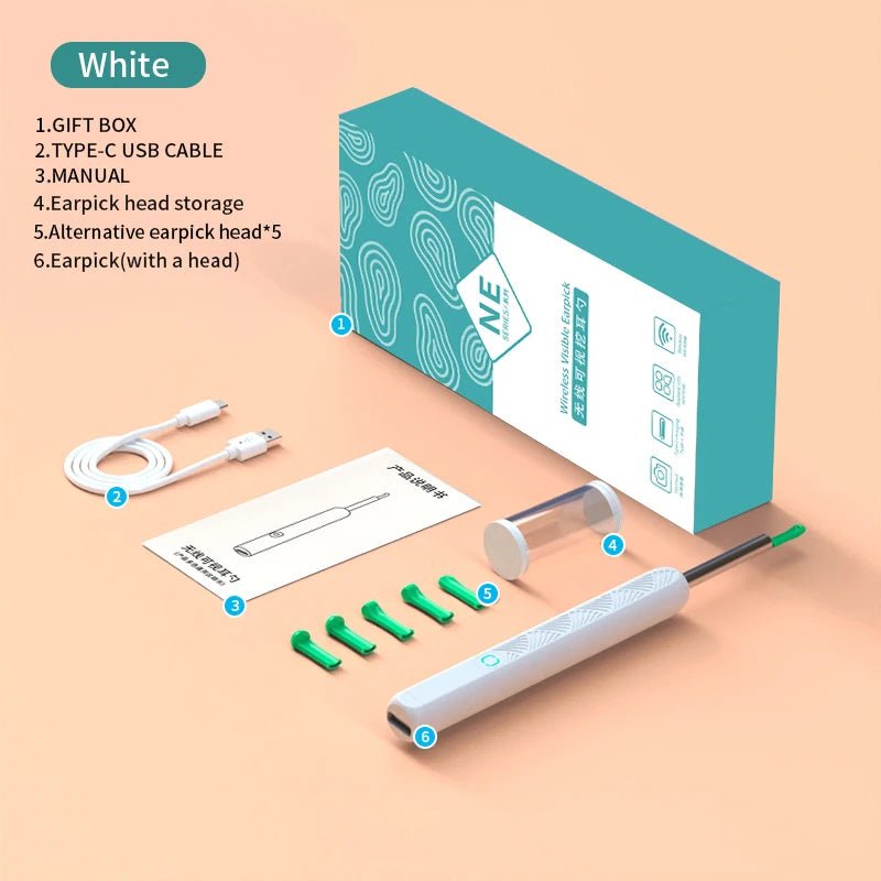 Pulitore Auricolare Wireless con Fotocamera 1296P, Ricarica USB-C e WiFi