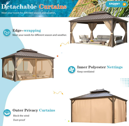 Gazebo Hardtop 12'x14' in Alluminio con Copertura in Acciaio Zincato per Esterni