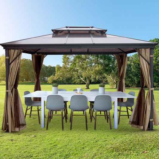 Gazebo 10x10' con Tetto Rigido in Alluminio, Struttura Resistente con Rete e Tenda
