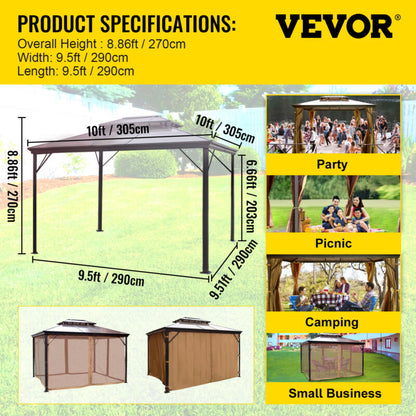 Gazebo 10x10' con Tetto Rigido in Alluminio, Struttura Resistente con Rete e Tenda