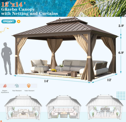 Gazebo Hardtop 12'x14' in Alluminio con Copertura in Acciaio Zincato per Esterni